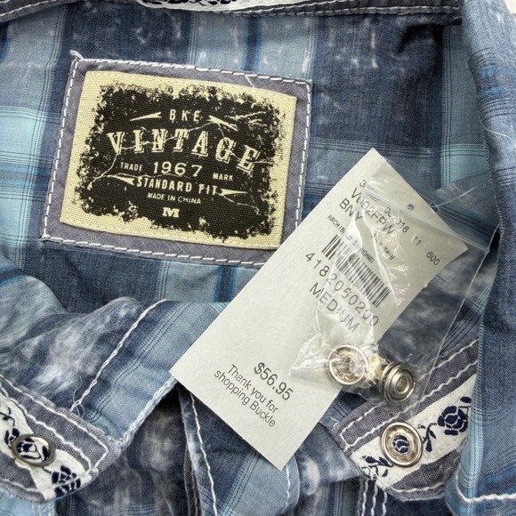 NEW BKE Vintage Mens Blue Plaid Snap Button Western Shirt Standard Fit M NWT - Picture 3 of 9